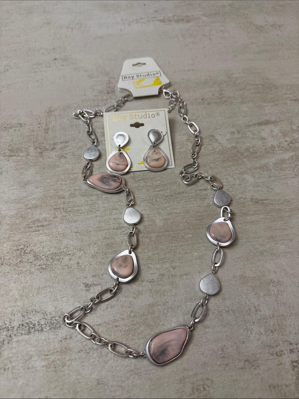Bay Studio Silver Tone Necklace and Earrings with Blush Pink Inlays